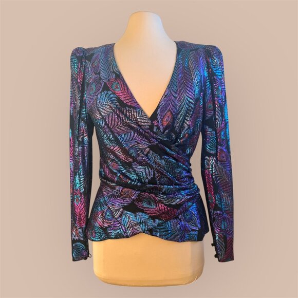 RARE vintage 1980's Rimini peacock Rayon and Metallic wrap top - Picture 1 of 8